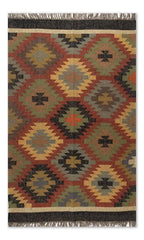 Handmade Wool Jute Southwestern Kilim Area Rug with Earthy Tribal Diamond Pattern | Flatweave Boho Farmhouse Living Room Rug