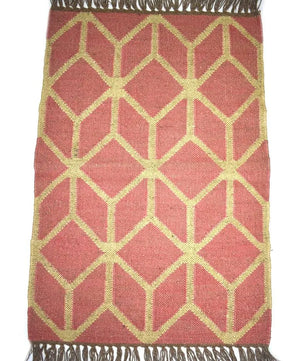 Handwoven Wool Jute Area Rug – Terracotta 3D Geometric Cube Kilim Rug, Reversible Flatweave with Fringe