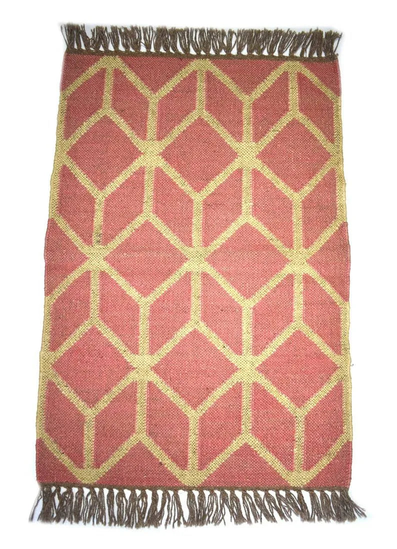 Handwoven Wool Jute Area Rug – Terracotta 3D Geometric Cube Kilim Rug, Reversible Flatweave with Fringe
