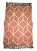 Handwoven Wool Jute Area Rug – Terracotta 3D Geometric Cube Kilim Rug, Reversible Flatweave with Fringe