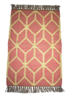 Handwoven Wool Jute Area Rug – Terracotta 3D Geometric Cube Kilim Rug, Reversible Flatweave with Fringe