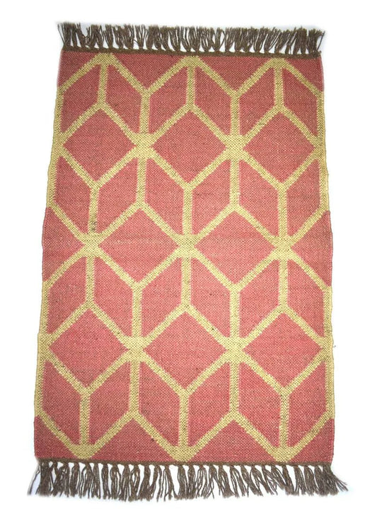 Handwoven Wool Jute Area Rug – Terracotta 3D Geometric Cube Kilim Rug, Reversible Flatweave with Fringe