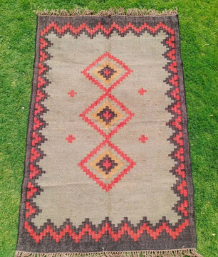 Southwestern Tribal Area Rug – Handmade Wool Jute Diamond Medallion Rug, Beige Rust Flatweave with Fringe