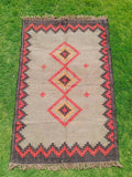 Southwestern Tribal Area Rug – Handmade Wool Jute Diamond Medallion Rug, Beige Rust Flatweave with Fringe