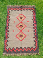 Southwestern Tribal Area Rug – Handmade Wool Jute Diamond Medallion Rug, Beige Rust Flatweave with Fringe
