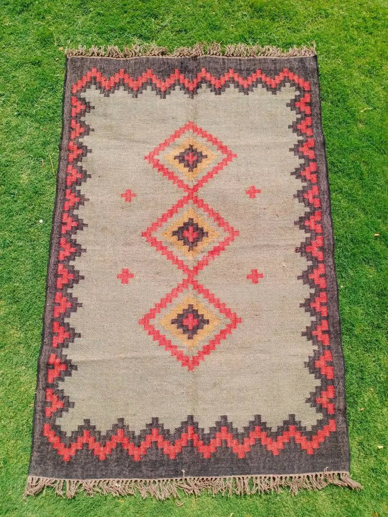 Southwestern Tribal Area Rug – Handmade Wool Jute Diamond Medallion Rug, Beige Rust Flatweave with Fringe