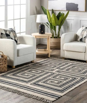 Handmade Modern Geometric Wool Jute Kilim Area Rug with Tassels | Black & Ivory Flatweave Maze Pattern Rug for Living Room