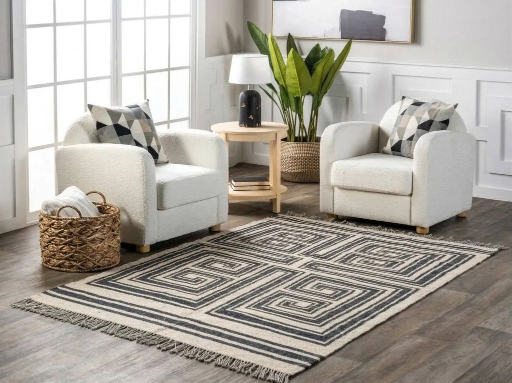 Handmade Modern Geometric Wool Jute Kilim Area Rug with Tassels | Black & Ivory Flatweave Maze Pattern Rug for Living Room