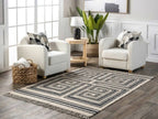 Handmade Modern Geometric Wool Jute Kilim Area Rug with Tassels | Black & Ivory Flatweave Maze Pattern Rug for Living Room