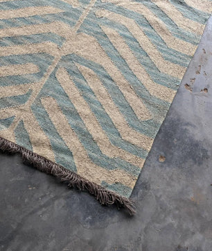 Handwoven Blue Tiger Wool Jute Kilim Rug | Abstract Tibetan Tiger Flatweave Area Rug for Modern, Scandinavian & Boho Homes