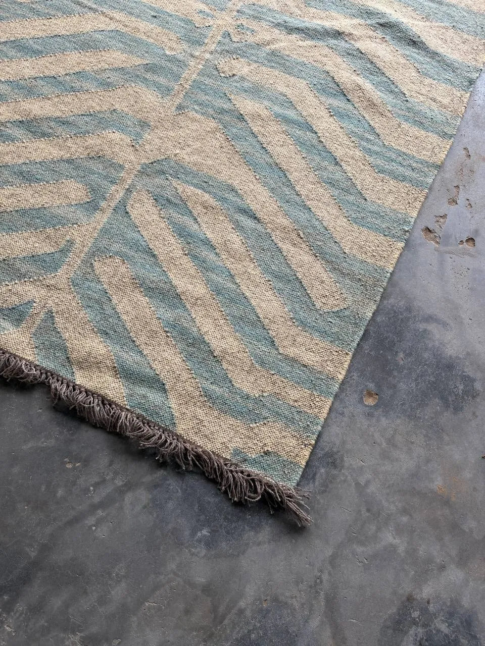 Handwoven Blue Tiger Wool Jute Kilim Rug | Abstract Tibetan Tiger Flatweave Area Rug for Modern, Scandinavian & Boho Homes