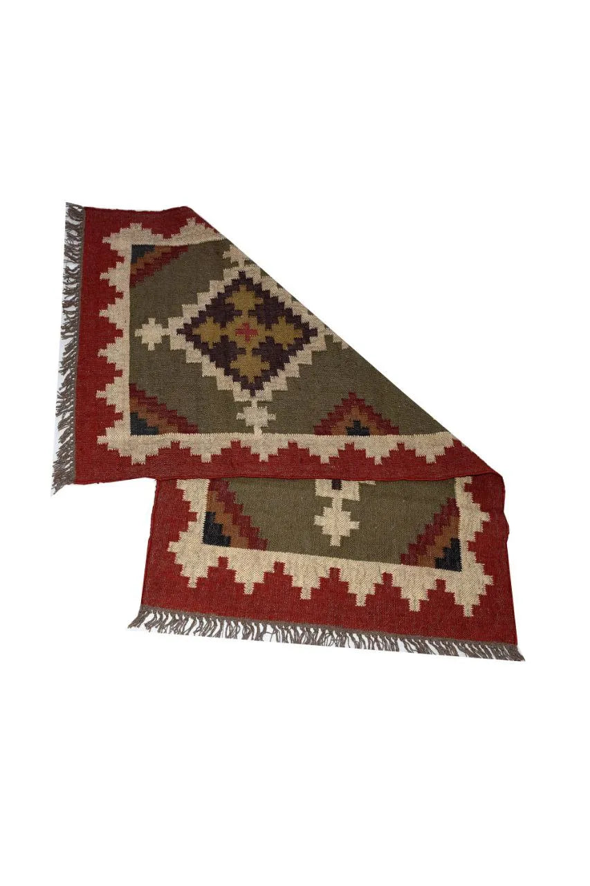 Handmade Wool Jute Kilim Rug – Tribal Geometric Indian Dhurrie Flatweave Area Rug