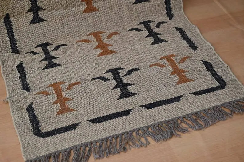Handmade Beige Kilim Runner – Black & Rust Botanical Motifs