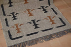 Handmade Beige Kilim Runner – Black & Rust Botanical Motifs