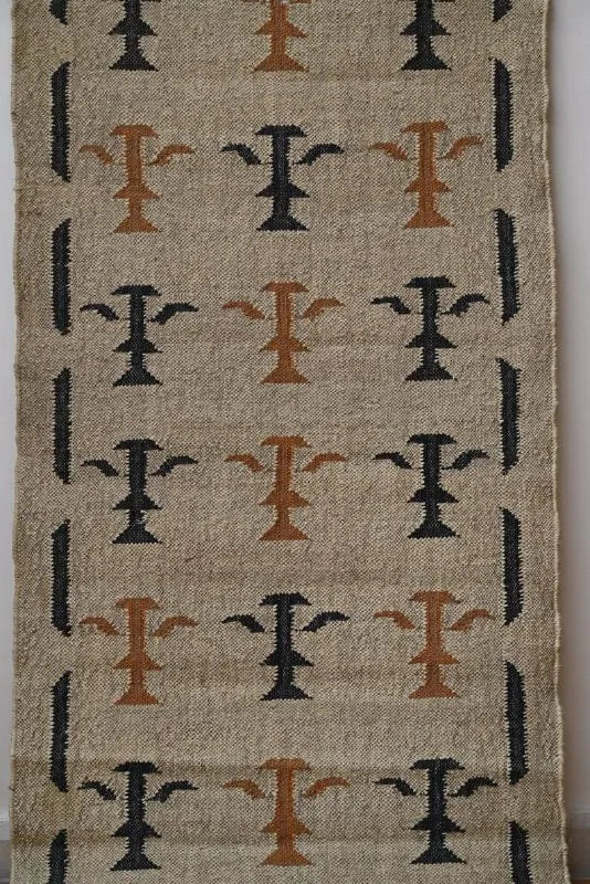 Handmade Beige Kilim Runner – Black & Rust Botanical Motifs
