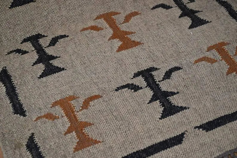 Handmade Beige Kilim Runner – Black & Rust Botanical Motifs