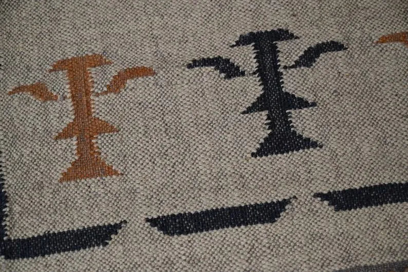 Handmade Beige Kilim Runner – Black & Rust Botanical Motifs
