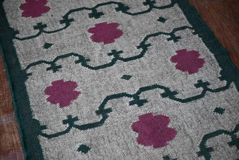 Handmade Floral Kilim Runner – Beige, Green & Berry Pink