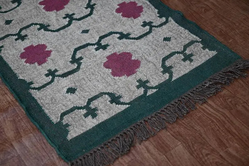 Handmade Floral Kilim Runner – Beige, Green & Berry Pink