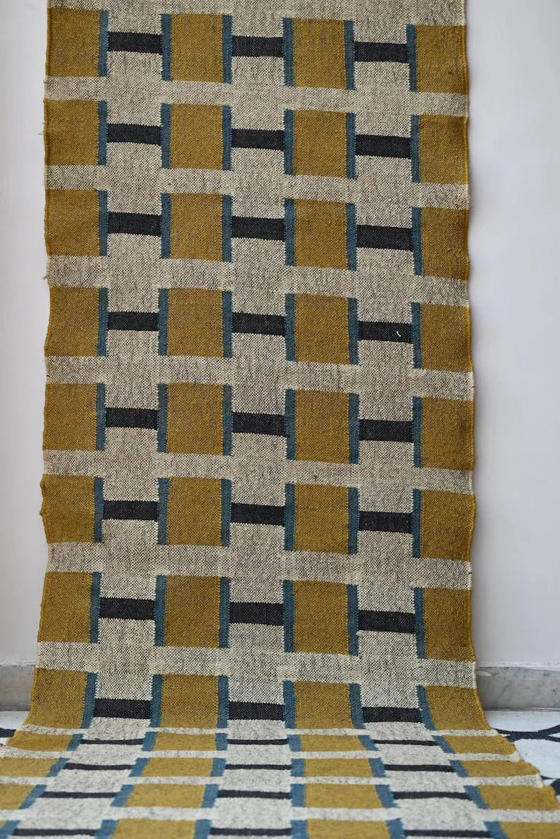 Handmade Wool & Jute Kilim Runner – Mustard Square Design