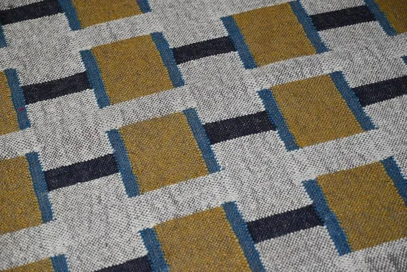 Handmade Wool & Jute Kilim Runner – Mustard Square Design