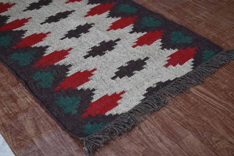Handmade Geometric Kilim Runner – Beige, Brown, Red & Green