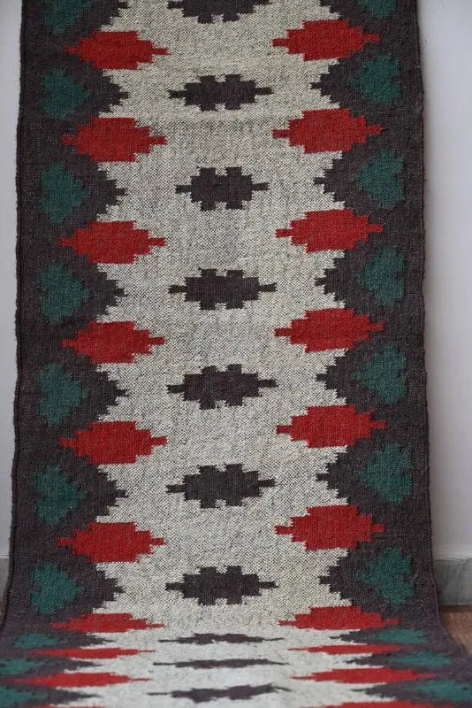 Handmade Geometric Kilim Runner – Beige, Brown, Red & Green