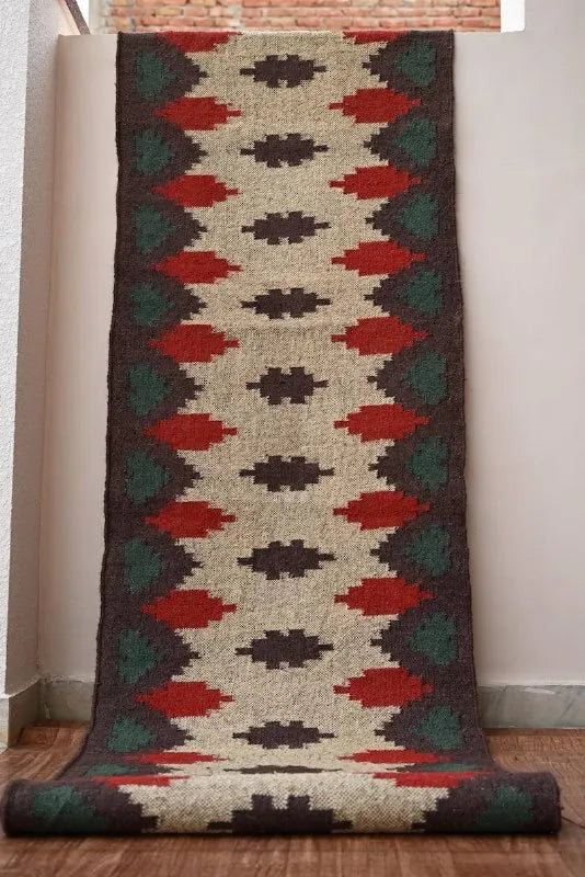 Handmade Geometric Kilim Runner – Beige, Brown, Red & Green