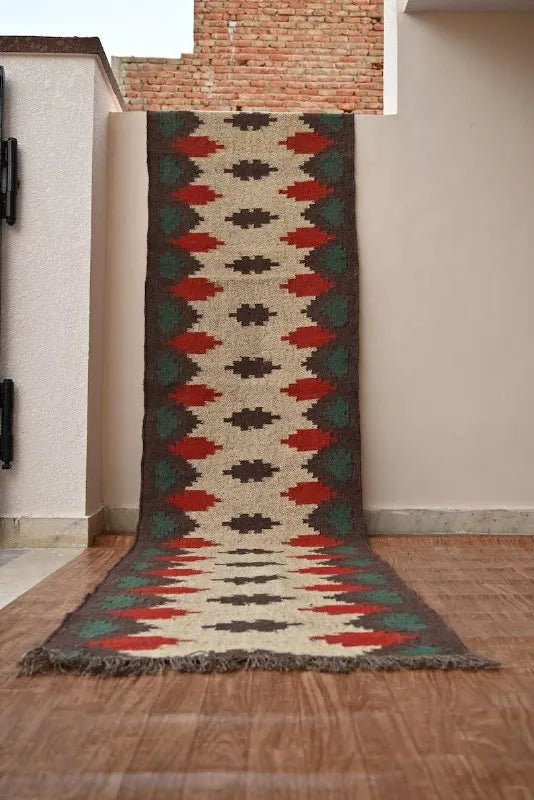 Handmade Geometric Kilim Runner – Beige, Brown, Red & Green