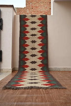 Handmade Geometric Kilim Runner – Beige, Brown, Red & Green