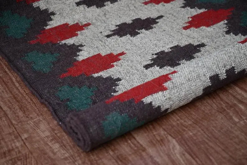 Handmade Geometric Kilim Runner – Beige, Brown, Red & Green