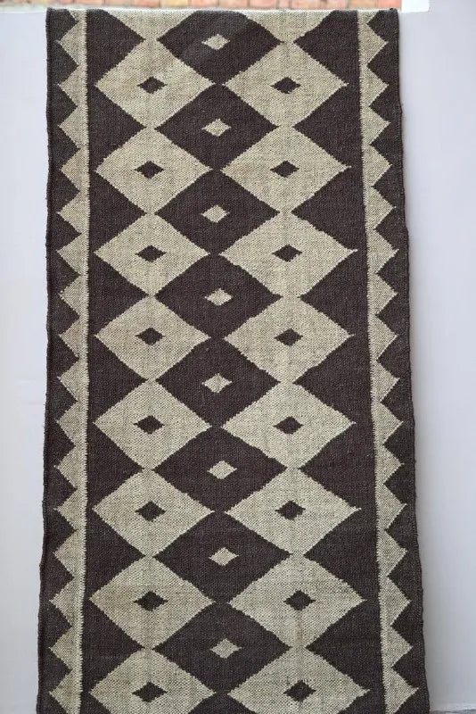 Handmade Wool & Jute Kilim Runner – Brown Diamond Pattern