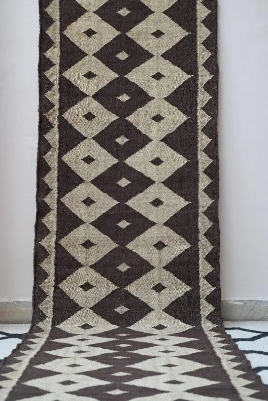 Handmade Wool & Jute Kilim Runner – Brown Diamond Pattern