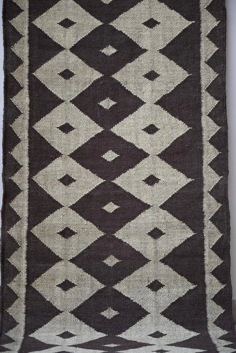 Handmade Wool & Jute Kilim Runner – Brown Diamond Pattern