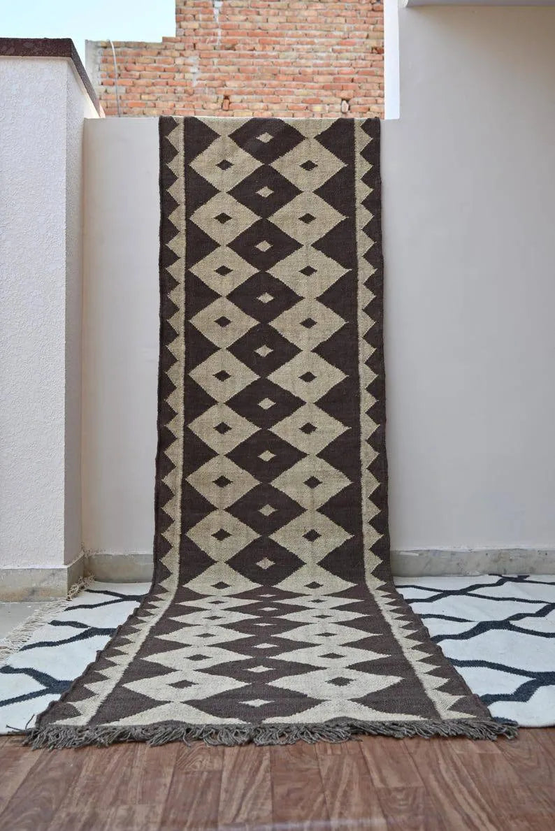 Handmade Wool & Jute Kilim Runner – Brown Diamond Pattern