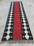 Crimson Path Kilim Dhurrie Runner – Artisan-Woven Wool Jute Corridor Carpet