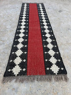 Crimson Path Kilim Dhurrie Runner – Artisan-Woven Wool Jute Corridor Carpet