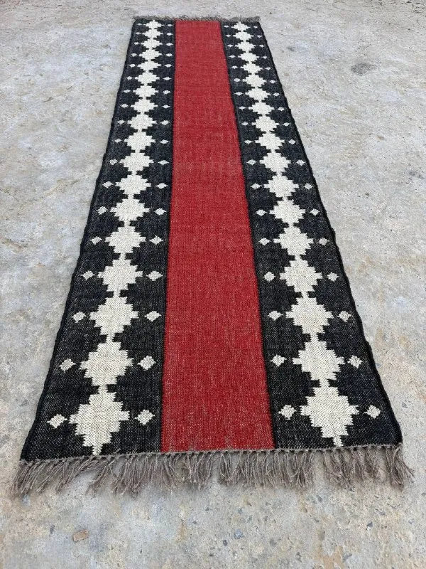 Crimson Path Kilim Dhurrie Runner – Artisan-Woven Wool Jute Corridor Carpet