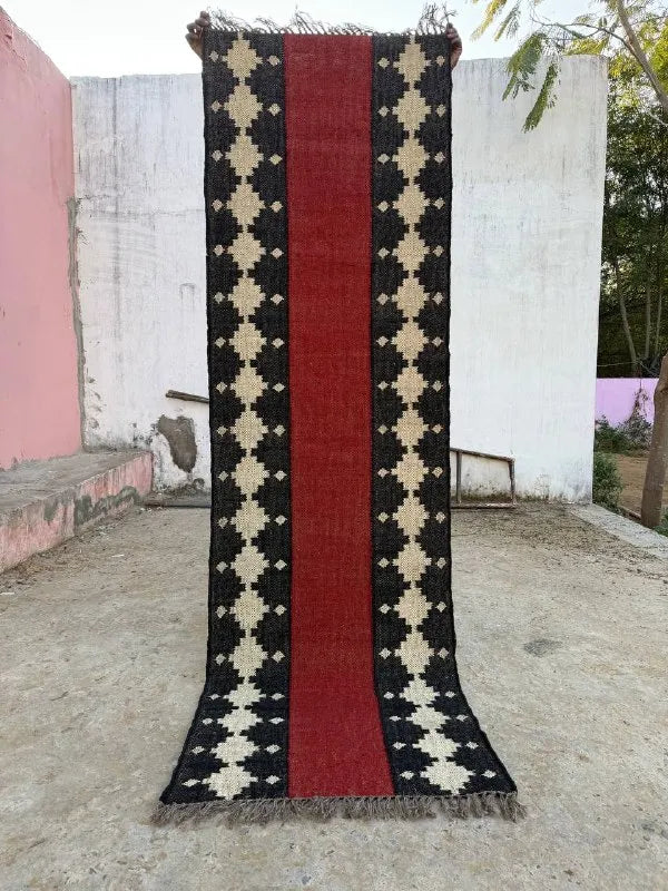Crimson Path Kilim Dhurrie Runner – Artisan-Woven Wool Jute Corridor Carpet