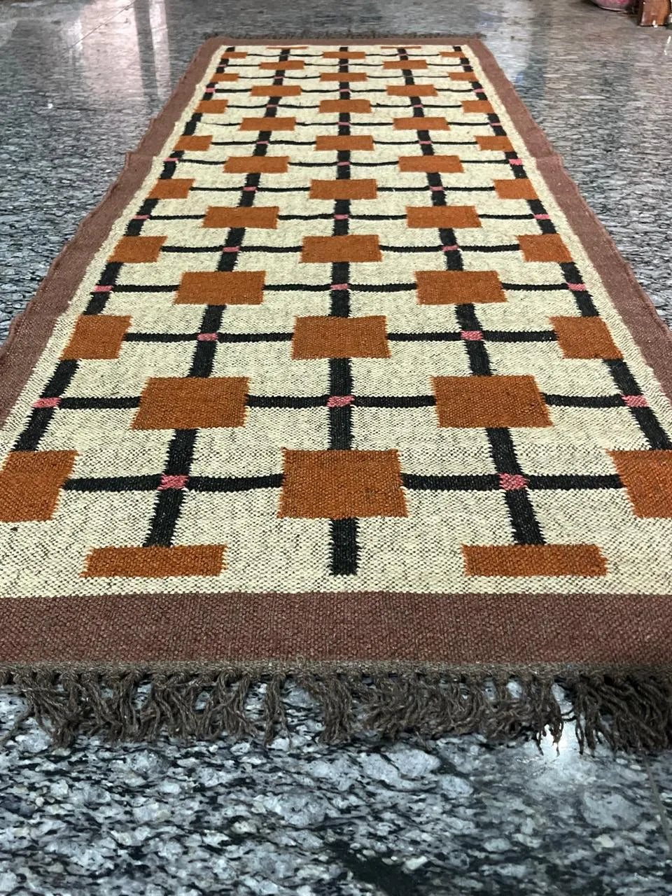 Terracotta Windowpane Dhurrie Runner – Handmade Jute Wool Corridor Rug