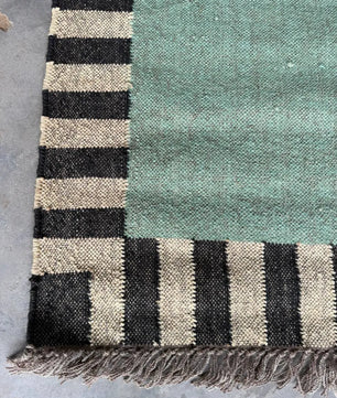 Handwoven Sage Green Cotton Jute Kilim Rug | Modern Minimalist Flatweave Area Rug with Striped Border for Living Room Bedroom