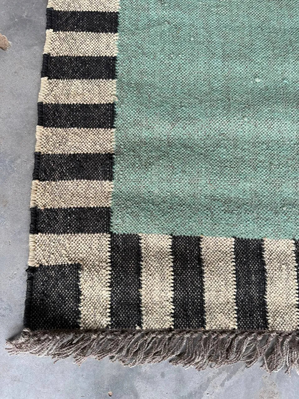 Handwoven Sage Green Cotton Jute Kilim Rug | Modern Minimalist Flatweave Area Rug with Striped Border for Living Room Bedroom