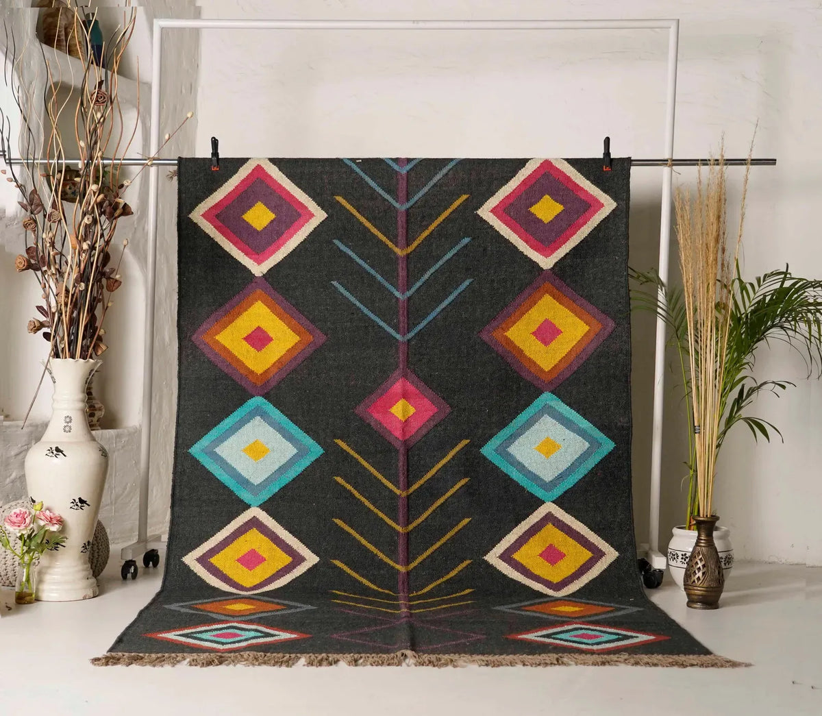 Charcoal Jewel-Tone Kilim Dhurrie – Artisan-Woven Wool Jute Statement Rug