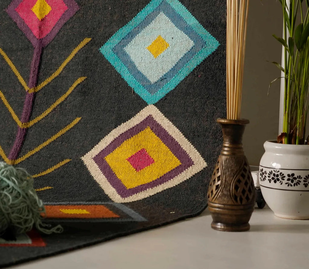 Charcoal Jewel-Tone Kilim Dhurrie – Artisan-Woven Wool Jute Statement Rug