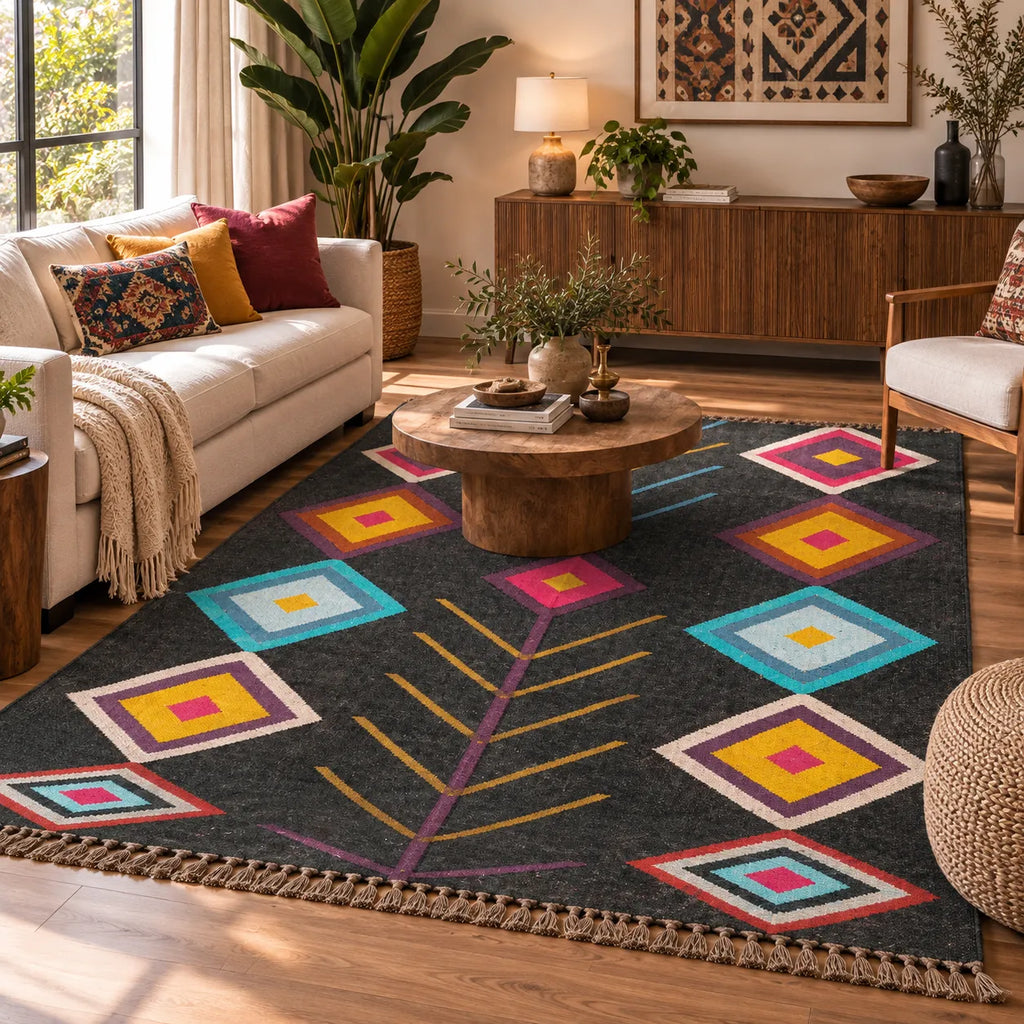 Charcoal Jewel-Tone Kilim Dhurrie – Artisan-Woven Wool Jute Statement Rug