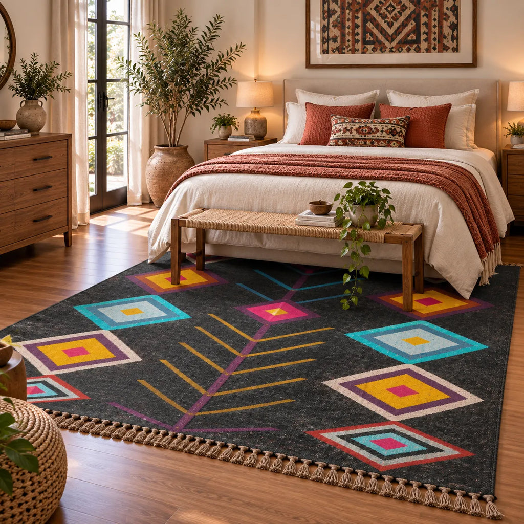 Charcoal Jewel-Tone Kilim Dhurrie – Artisan-Woven Wool Jute Statement Rug
