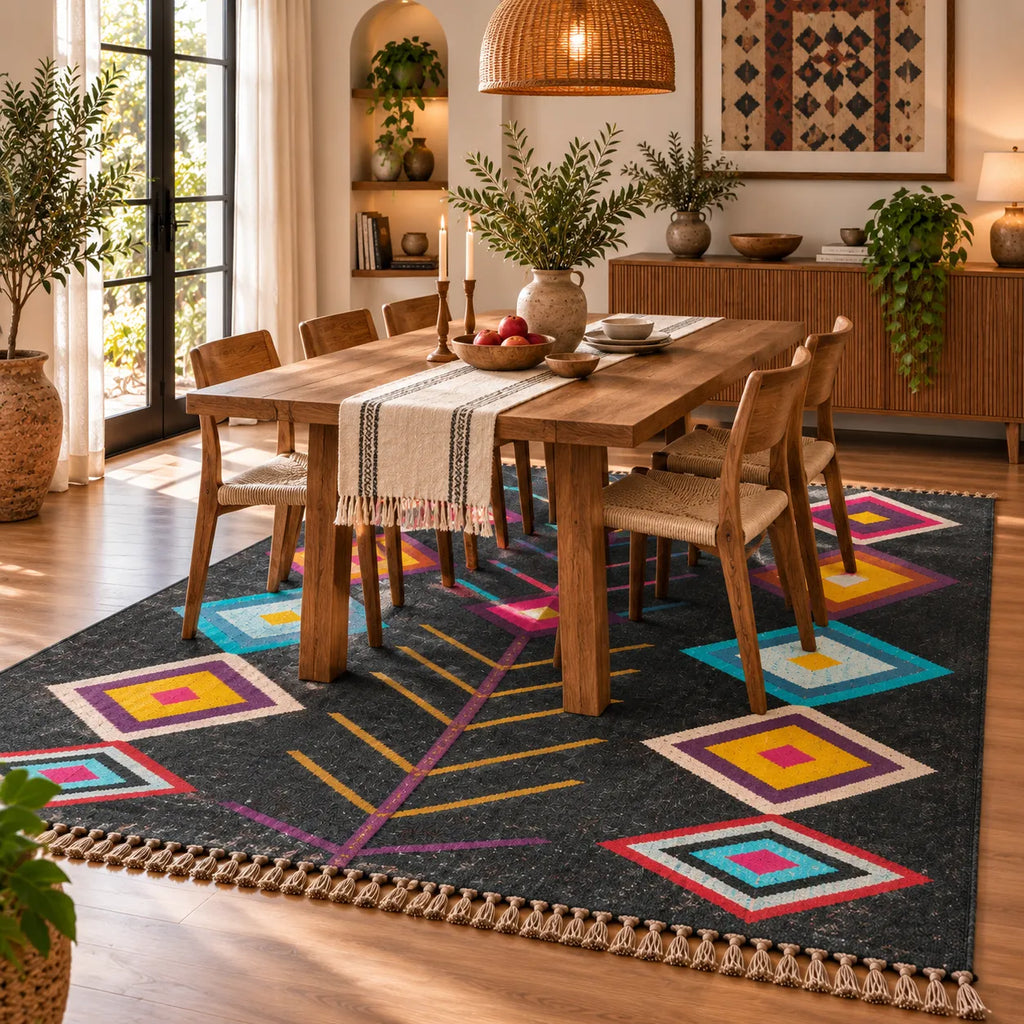 Charcoal Jewel-Tone Kilim Dhurrie – Artisan-Woven Wool Jute Statement Rug