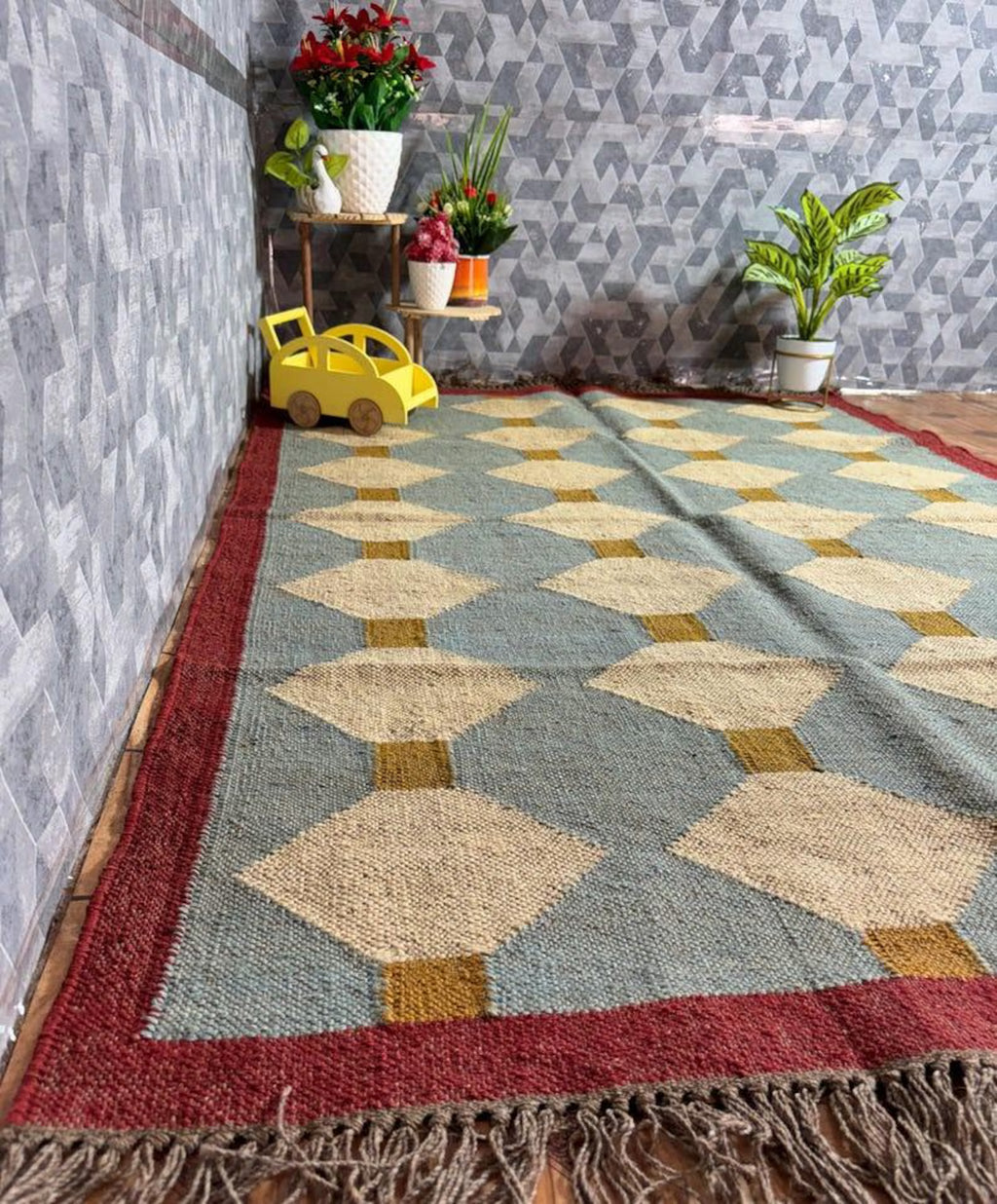 Handmade Diamond Kilim Dhurrie – Blue-Gray Wool Jute Carpet, Made to Your Size