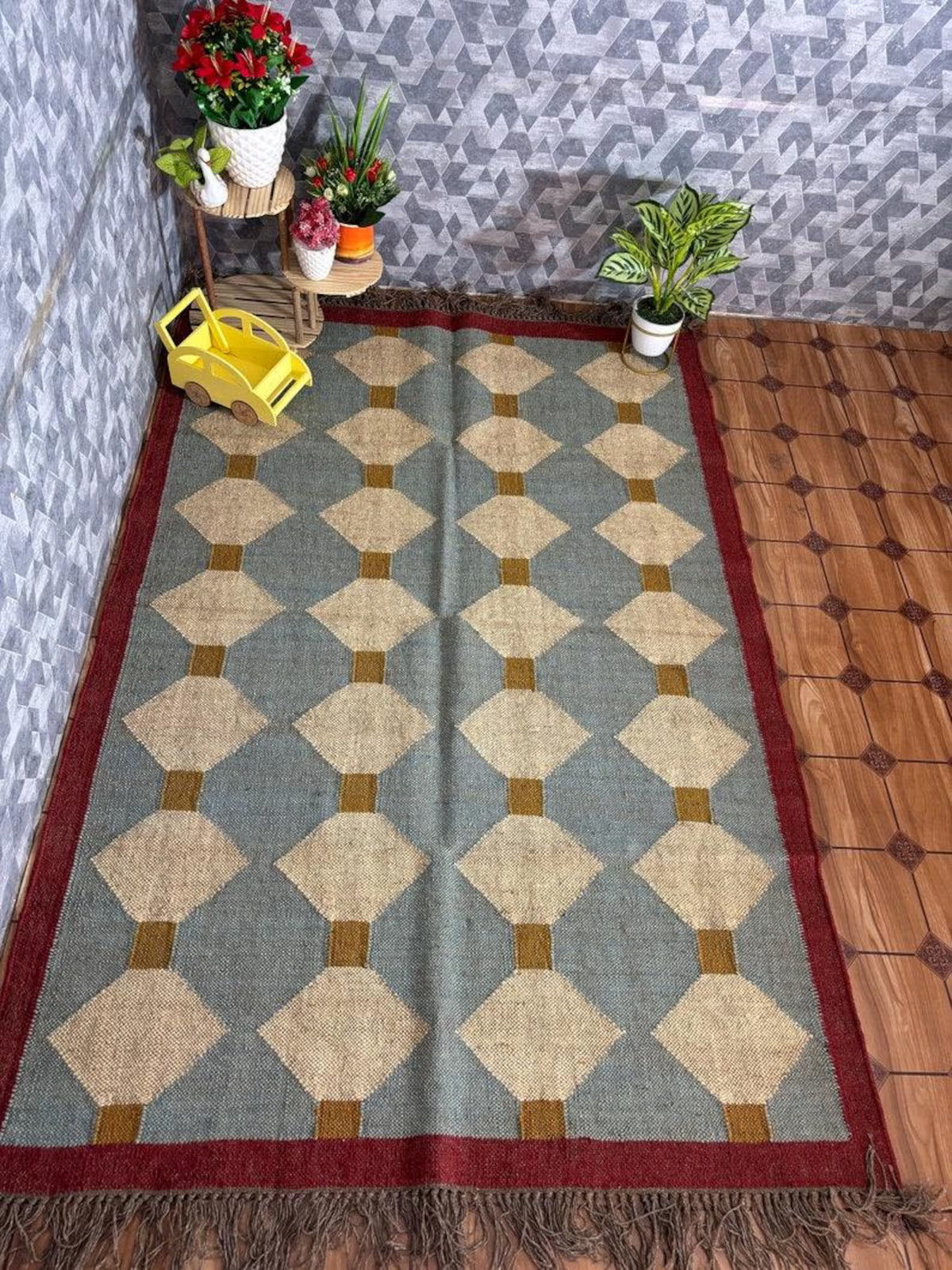 Handmade Diamond Kilim Dhurrie – Blue-Gray Wool Jute Carpet, Made to Your Size