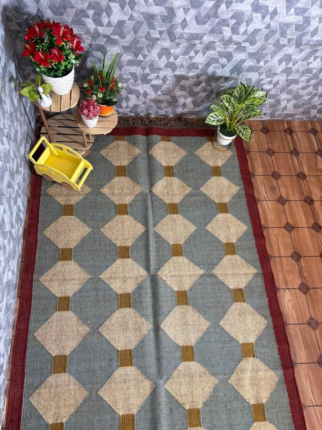 Handmade Diamond Kilim Dhurrie – Blue-Gray Wool Jute Carpet, Made to Your Size